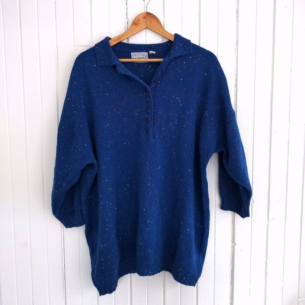 Vintage Cobalt Blue Marled Knit Button-Front Sweater – 3/4 Sleeve – Longline